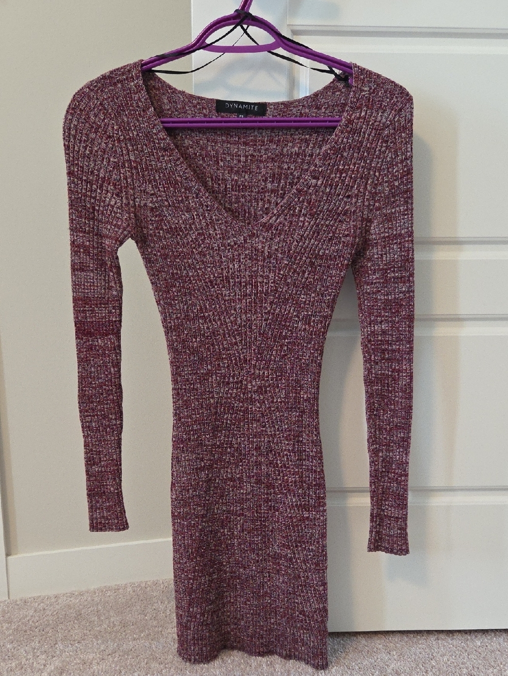 Dynamite Burgundy V-Neck Ribbed Sweater Dress